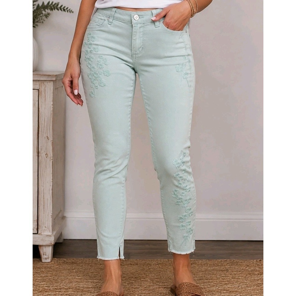 Vintage America Blues Boho Skinny Ankle Jeans 6/28 Mint Floral Embroidery